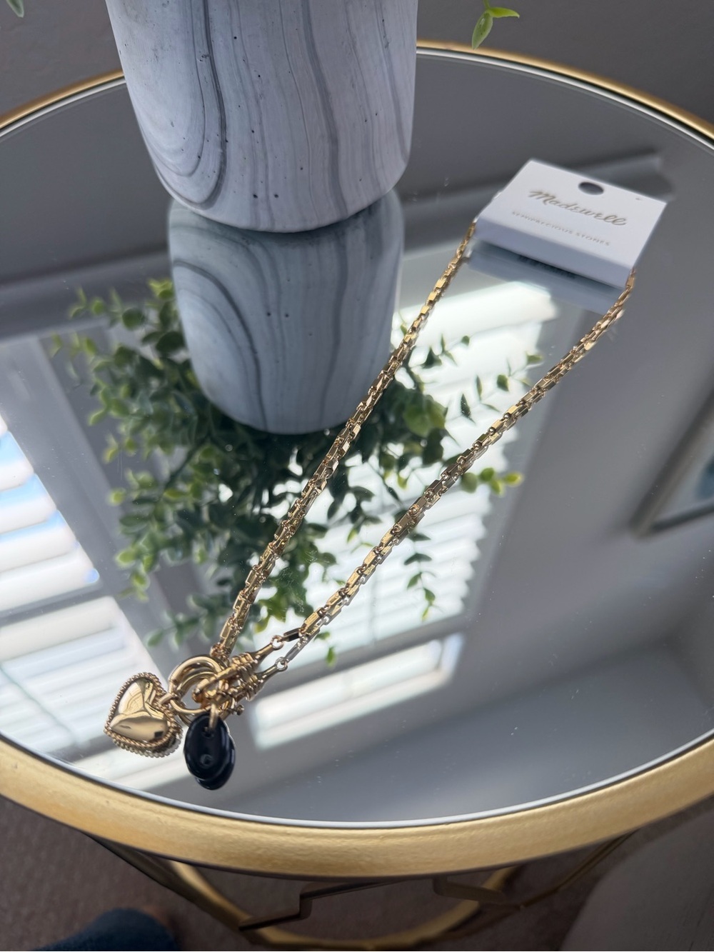 Madewell Bar Watch Chain Charm Necklace Heart Semiprecious Stone Gold Tone